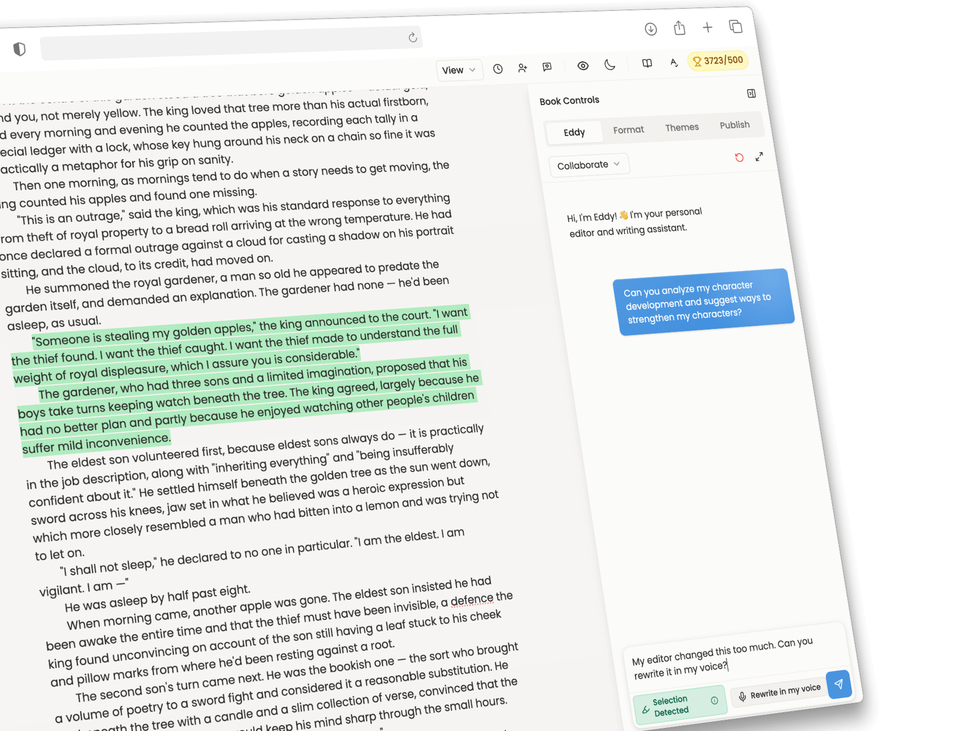 Let AI rewrite portions of your book in your own voice! Our specialized algorithm learns and adapts to your writing style.