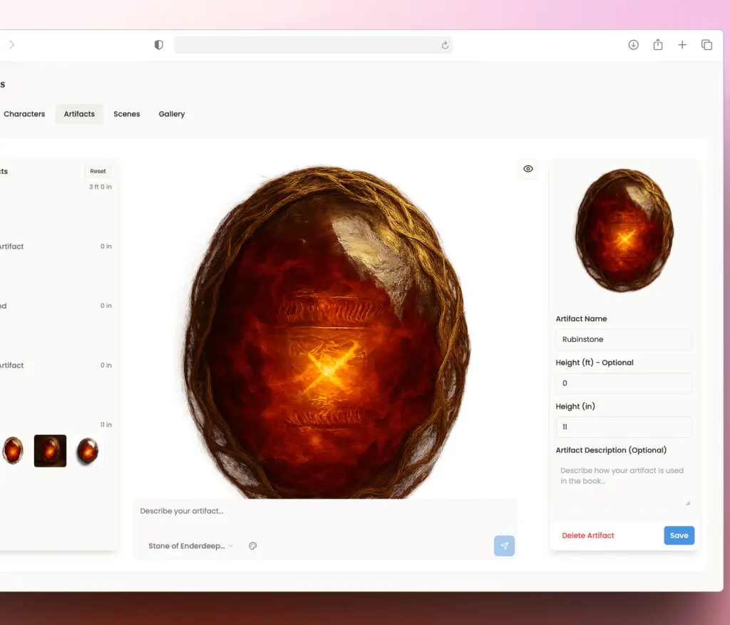 Storyloft lets user create artifacts that characters can interact with in illustrations.