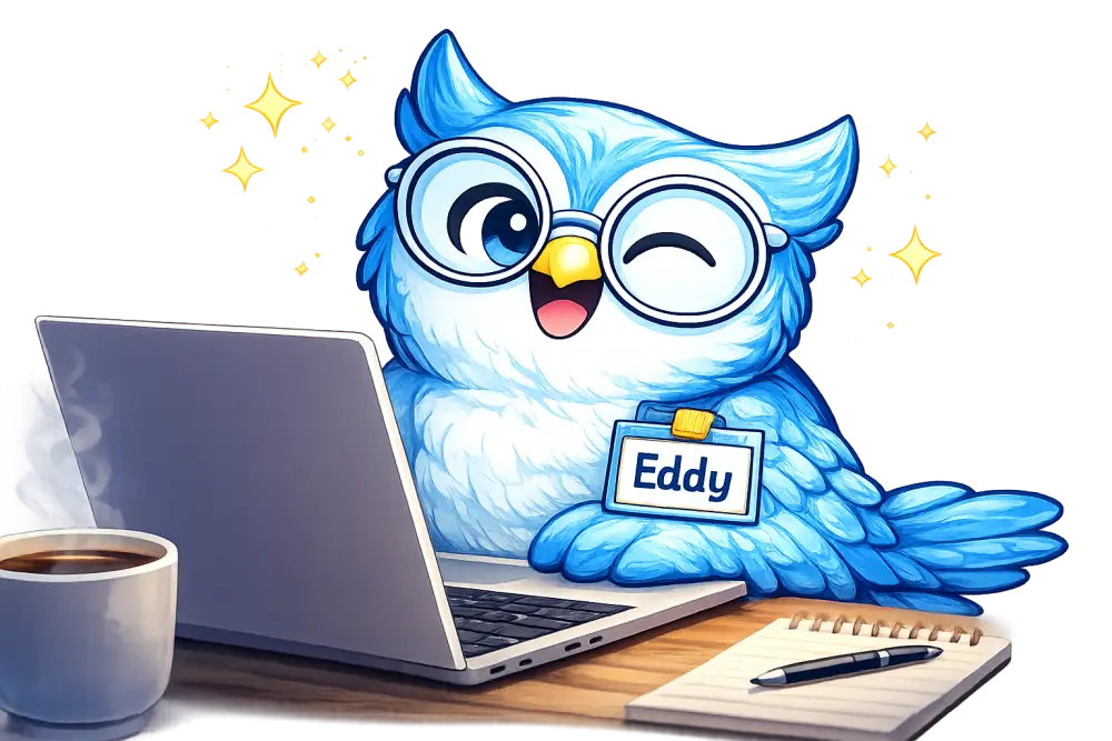Eddy the Owl, Storyloft's AI Writing Assistant, working on a book.