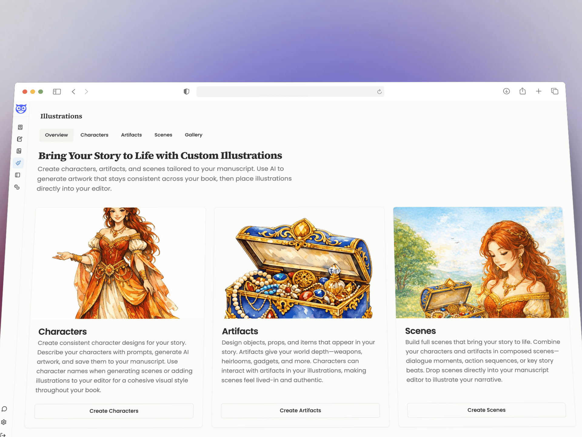 Home screen of Storyloft's Illustration Suite. Users can create characters, book artifacts, and scenes.