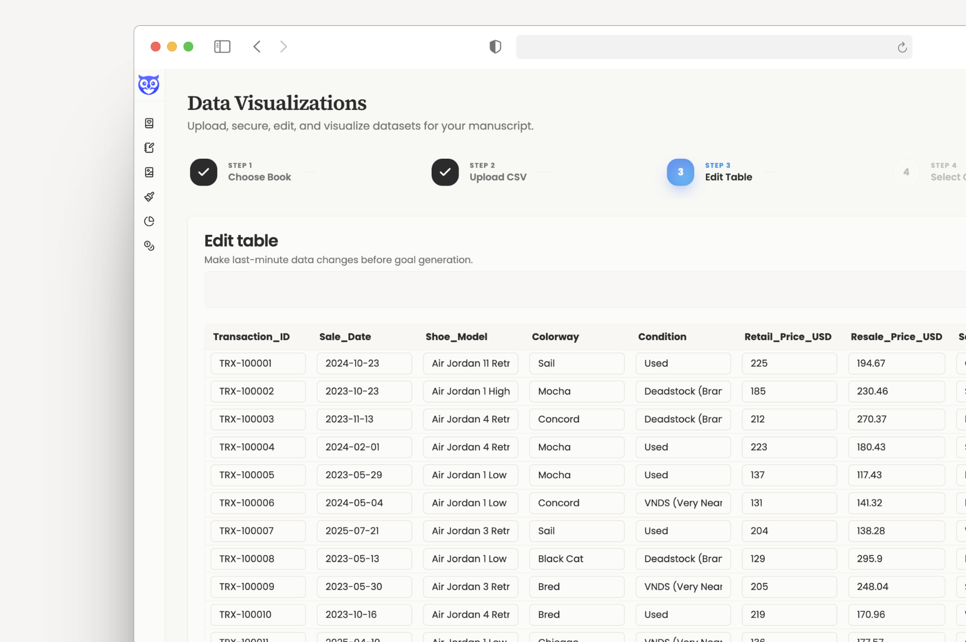 Storyloft Authors have the ability to edit data that has been uploaded via CSV. This screenshot shows the table UI.