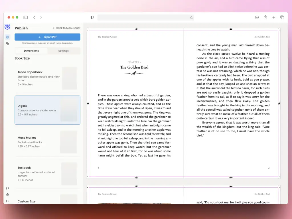 A screenshot of Storyloft's Print Layout feature for books. Users can easily choose a trim size from industry-standard sizes=