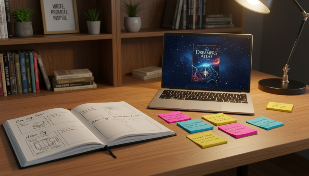 A beautifully arranged desk filled with an array of colorful marketing elements designed for book chapters and sections. In the foreground, a sleek open notebook lays on a polished wooden surface, showcasing handwritten notes and sketches of "Coming Soon" and "Also By" pages. Nearby, vibrant sticky notes with book titles and brief descriptions add a burst of color. In the middle, a laptop displays a digital mockup of a book cover, illuminated by soft, warm lighting. The background features a cozy bookshelf filled with books, accentuating a professional, creative atmosphere. The overall mood conveys excitement and inspiration for writers, urging them to consider how marketing can enhance their work. The scene is captured from a slightly elevated angle, providing a comprehensive view of this dynamic workspace. A beautifully arranged desk filled with an array of colorful marketing elements designed for book chapters and sections. In the foreground, a sleek open notebook lays on a polished wooden surface, showcasing handwritten notes and sketches of "Coming Soon" and "Also By" pages. Nearby, vibrant sticky notes with book titles and brief descriptions add a burst of color. In the middle, a laptop displays a digital mockup of a book cover, illuminated by soft, warm lighting. The background features a cozy bookshelf filled with books, accentuating a professional, creative atmosphere. The overall mood conveys excitement and inspiration for writers, urging them to consider how marketing can enhance their work. The scene is captured from a slightly elevated angle, providing a comprehensive view of this dynamic workspace.