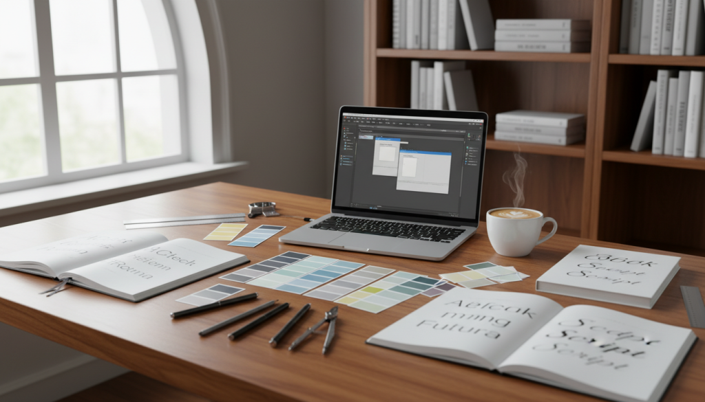 A beautifully arranged workspace showcasing various book typography and text formatting styles. In the foreground, a polished wooden desk with open sketchbooks displaying different typographic examples such as serif, sans-serif, and script fonts. Dozens of color swatches and design tools like rulers and pencils lie nearby. In the middle ground, a stylishly designed laptop displays software interface focusing on typesetting and layout design, with a cozy coffee cup beside it. The background features soft natural light streaming through a window, illuminating the creative space and giving a warm atmosphere. An elegant bookshelf filled with aesthetically pleasing books adds depth, emphasizing a professional design ambiance suitable for beginners in content creation. A beautifully arranged workspace showcasing various book typography and text formatting styles. In the foreground, a polished wooden desk with open sketchbooks displaying different typographic examples such as serif, sans-serif, and script fonts. Dozens of color swatches and design tools like rulers and pencils lie nearby. In the middle ground, a stylishly designed laptop displays software interface focusing on typesetting and layout design, with a cozy coffee cup beside it. The background features soft natural light streaming through a window, illuminating the creative space and giving a warm atmosphere. An elegant bookshelf filled with aesthetically pleasing books adds depth, emphasizing a professional design ambiance suitable for beginners in content creation.