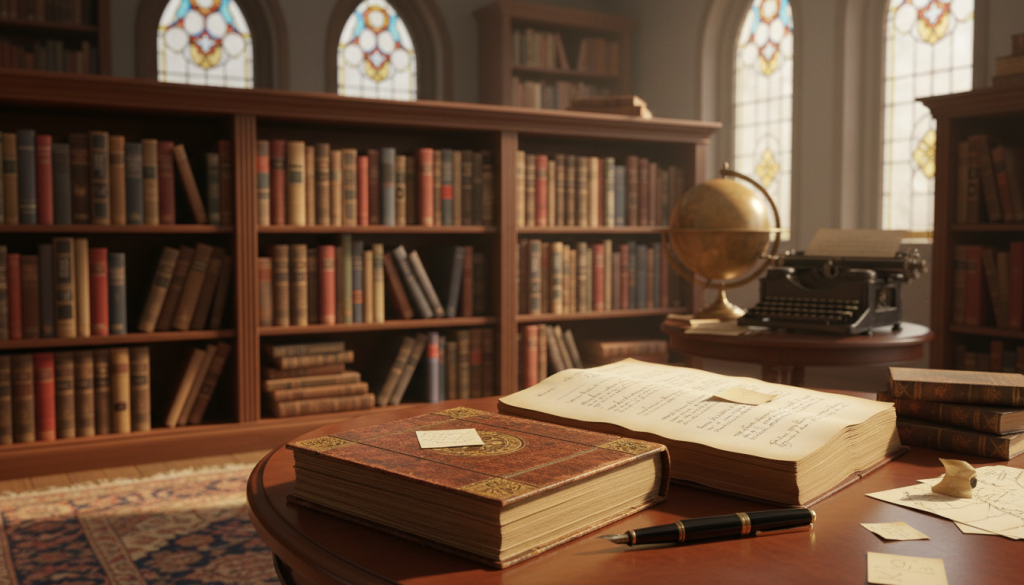 A beautifully composed library scene, emphasizing documentary prose and historical narratives in nonfiction. In the foreground, an open book lies on a polished wooden table, filled with handwritten notes and a vintage fountain pen. The middle ground features shelves lined with various historical books, showcasing their worn covers and intriguing titles. A warm, soft light filters through large, arched windows, creating a serene atmosphere, while casting gentle shadows on the floor. In the background, a globe and an antique typewriter evoke a sense of exploration and creativity. The mood is contemplative and inspiring, inviting viewers to delve into the richness of real stories. The scene captures the essence of nonfiction writing, with a focus on texture and depth, using a slight depth of field to enhance the details.