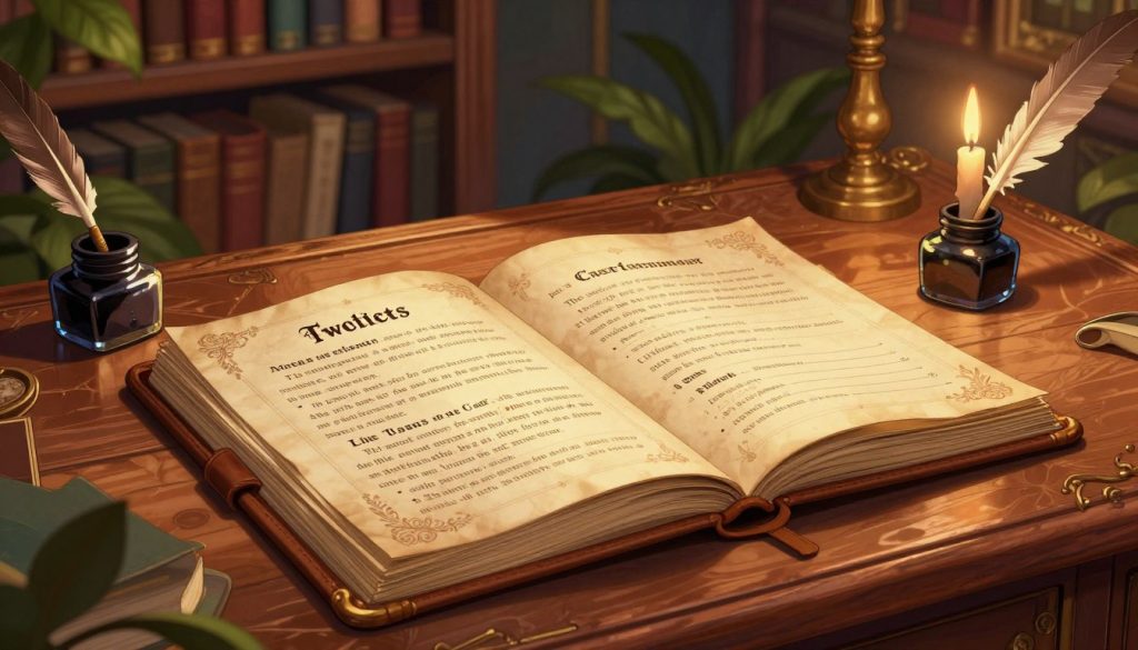 A beautifully designed fantasy novel outline template laid out on an antique wooden desk, surrounded by parchment and quills. In the foreground, an ornate leather-bound journal is open, showcasing elegant headings for character arcs, plot twists, and world-building notes. The middle layer features soft, warm lighting casting shadows that reflect the intricate carvings on the desk's surface, with a vintage inkpot glimmering beside the journal. The background depicts a cozy library filled with towering bookshelves and deep green plants, creating an inviting and imaginative atmosphere. A flickering candle adds a touch of whimsy, enhancing the mood of creativity and inspiration, perfect for aspiring authors looking to outline their next fantasy adventure.