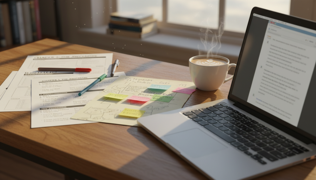 A beautifully organized chapter outline on a wooden desk, with pages depicting a clear structure of headings, subheadings, and bullet points illustrating story elements and POV tracking. In the foreground, a sleek silver laptop is open, showing partially visible notes, paired with a fresh cup of coffee. The middle ground features a crisp paper with handwritten notes and colorful sticky tabs for brainstorming ideas. In the background, a warm light filters through a large window, creating a soft glow that enhances the cozy, focused atmosphere. The scene conveys a sense of productivity and creativity, ideal for writers planning their first chapter. The image should be rich in detail, with a focus on clarity and organization, evoking a professional and inspiring writing environment. A beautifully organized chapter outline on a wooden desk, with pages depicting a clear structure of headings, subheadings, and bullet points illustrating story elements and POV tracking. In the foreground, a sleek silver laptop is open, showing partially visible notes, paired with a fresh cup of coffee. The middle ground features a crisp paper with handwritten notes and colorful sticky tabs for brainstorming ideas. In the background, a warm light filters through a large window, creating a soft glow that enhances the cozy, focused atmosphere. The scene conveys a sense of productivity and creativity, ideal for writers planning their first chapter. The image should be rich in detail, with a focus on clarity and organization, evoking a professional and inspiring writing environment.