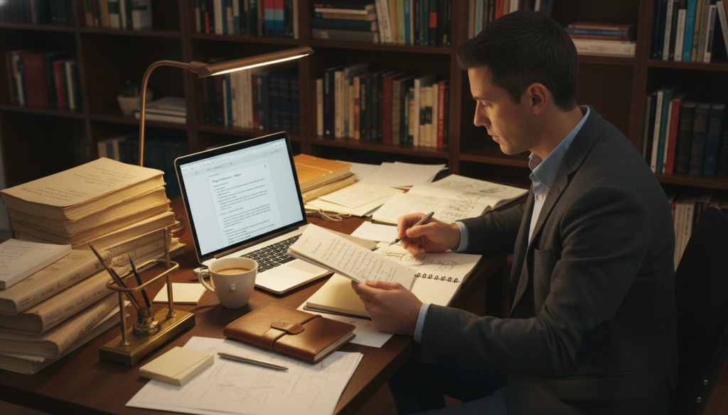 A beautifully organized workspace featuring an open laptop displaying an email draft, surrounded by neatly stacked manuscripts and notebooks. In the foreground, a professional man in smart business casual attire is thoughtfully reviewing the manuscripts, emphasizing a creative process. The middle ground includes a clutter-free desk with stationery, a cup of coffee, and a soft-lighting desk lamp illuminating the scene, enhancing productivity. The background captures a serene bookshelf filled with various volumes and resources, suggesting a scholarly atmosphere. The lighting is warm and inviting, creating a focused yet relaxed mood. The composition is shot from a slightly elevated angle, giving a comprehensive view of the workspace while emphasizing the integration of manuscript structure into modern email communication. A beautifully organized workspace featuring an open laptop displaying an email draft, surrounded by neatly stacked manuscripts and notebooks. In the foreground, a professional man in smart business casual attire is thoughtfully reviewing the manuscripts, emphasizing a creative process. The middle ground includes a clutter-free desk with stationery, a cup of coffee, and a soft-lighting desk lamp illuminating the scene, enhancing productivity. The background captures a serene bookshelf filled with various volumes and resources, suggesting a scholarly atmosphere. The lighting is warm and inviting, creating a focused yet relaxed mood. The composition is shot from a slightly elevated angle, giving a comprehensive view of the workspace while emphasizing the integration of manuscript structure into modern email communication.