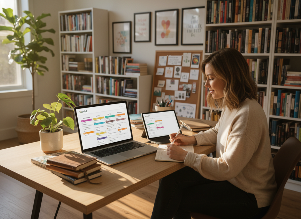 A beautifully organized writing process management workflow within a digital interface of Storyloft. In the foreground, a sleek laptop sits open, displaying an intuitive workflow dashboard with sections for brainstorming, drafting, editing, and publishing. In the middle ground, a light-filled office space features a comfortable desk, potted plants, and inspiration boards filled with notes. A professional writer, dressed in smart casual attire, is deeply focused on their work while taking notes. In the background, shelves filled with books and framed artwork add warmth and creativity to the atmosphere. The lighting is bright and inviting, with soft natural light streaming through a window, creating a productive and inspiring mood, captured with a slightly elevated angle to emphasize the workflow's structure.
