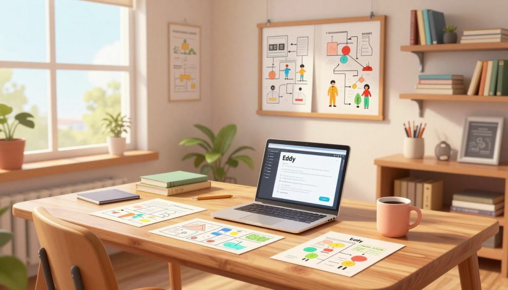 A bright and inviting workspace featuring a large wooden desk covered with colorful charts and diagrams illustrating various plot structures essential for storytelling. The foreground shows a comfortable chair, a laptop displaying an AI writing assistant named Eddy, and a coffee mug. In the middle, multiple framed plot flowcharts hang on the wall, showcasing classic narrative arcs and character progressions. In the background, a large window lets in natural light, illuminating shelves filled with books on writing and creativity. The atmosphere is inspiring and motivational, with soft, warm lighting to create a cozy feel. The image captures the essence of planning and creativity, ideal for aspiring authors crafting their novel outlines.