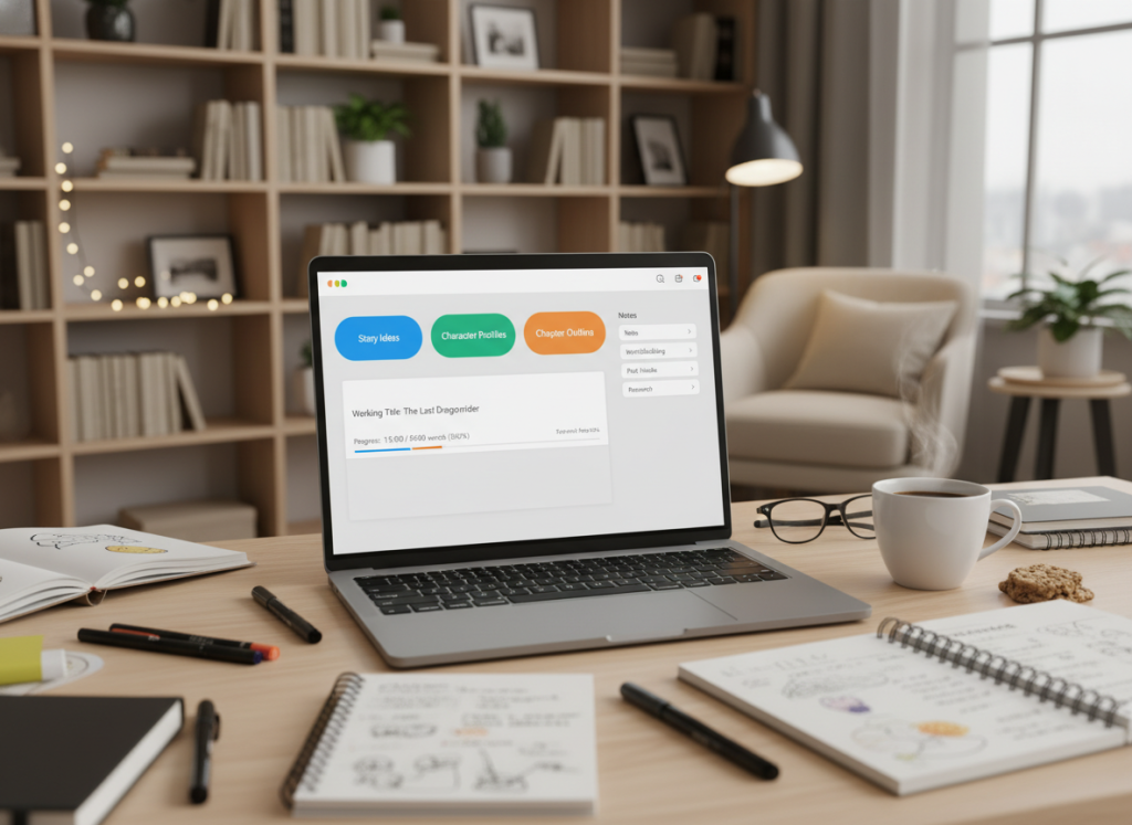 A clean, modern writing app interface designed for new authors, featuring beginner-friendly tools such as a simple text editor, progress tracker, and organized notes section. The foreground showcases a laptop screen with a vibrant, user-friendly layout displaying colorful buttons for features like "Story Ideas," "Character Profiles," and "Chapter Outline." In the middle ground, a desk cluttered with notebooks, pens, and a coffee cup enhances the creative atmosphere. In the background, a cozy, well-lit home office filled with bookshelves and warm, ambient lighting creates an inviting mood for writing. The camera angle is slightly above the desk level, providing a clear view of the app while conveying a sense of immersion in the writing process.
