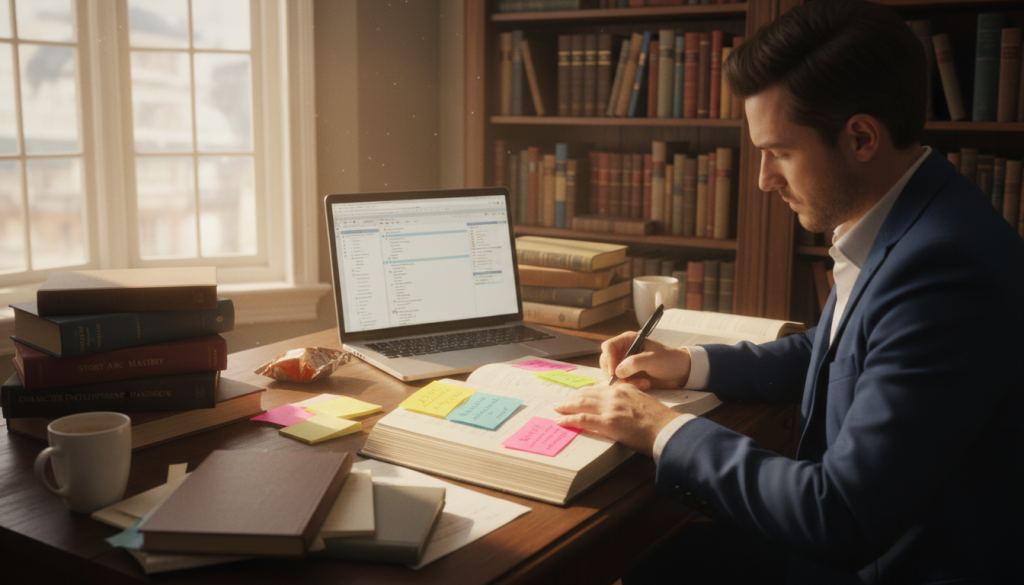 A cluttered desk in a bright, well-lit office setting, featuring an open manuscript surrounded by colorful sticky notes and an organized stack of reference books. In the foreground, a focused professional in business attire is deeply engaged in revising the manuscript, using a pen to make notes. The middle ground displays a laptop with a document open, showcasing revision suggestions. In the background, a bookshelf filled with literary classics and guides emphasizes knowledge. Soft natural light floods the room from a nearby window, creating a warm and inviting atmosphere, suggesting diligence and creativity in the structural revision process for manuscript improvement. The image captures a sense of focus and productivity, ideal for illustrating revision strategies. A cluttered desk in a bright, well-lit office setting, featuring an open manuscript surrounded by colorful sticky notes and an organized stack of reference books. In the foreground, a focused professional in business attire is deeply engaged in revising the manuscript, using a pen to make notes. The middle ground displays a laptop with a document open, showcasing revision suggestions. In the background, a bookshelf filled with literary classics and guides emphasizes knowledge. Soft natural light floods the room from a nearby window, creating a warm and inviting atmosphere, suggesting diligence and creativity in the structural revision process for manuscript improvement. The image captures a sense of focus and productivity, ideal for illustrating revision strategies.