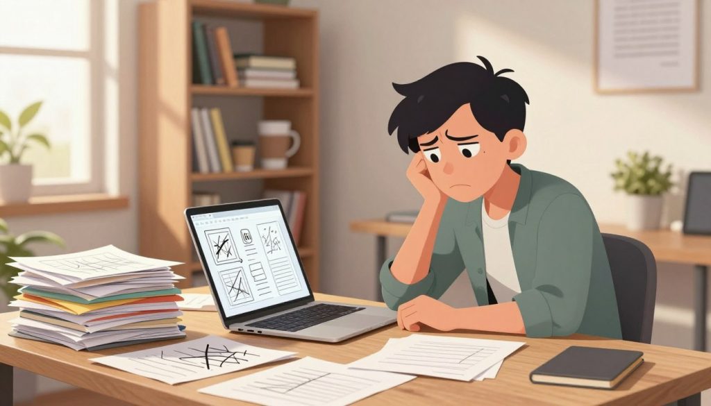 A cluttered desk scene depicting common mistakes in outlining a novel, featuring a disorganized stack of papers with erratic notes and crossed-out ideas in the foreground. A frustrated writer, dressed in casual but neat clothing, sits overwhelmed in a modern home office with a laptop open, revealing messy outlines and incomplete thoughts on the screen. The middle ground includes a bookshelf filled with writing guides and empty coffee cups, signaling fatigue and confusion. In the background, a brightly lit window provides a warm glow, contrasting with the chaotic workspace. The atmosphere is a blend of stress and creativity, encapsulating the challenging process of novel outlining. Soft, natural lighting enhances the depth of the clutter, while a shallow depth of field brings the focus to the writer’s expression of frustration.