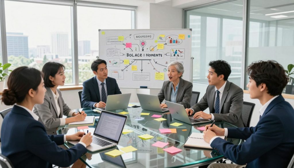 A collaborative brainstorming session set in a well-lit, modern conference room. In the foreground, a diverse group of professionals, dressed in business attire, gather around a sleek glass table cluttered with notebooks, laptops, and colorful sticky notes. Their expressions show deep concentration and excitement as they discuss pivotal life moments and the influences of key figures in their lives. In the middle ground, a whiteboard features an intricate mind map filled with keywords and sketches, visually representing brainstormed ideas. The background showcases large windows allowing natural light to flood the space, offering a view of an inspiring cityscape. The atmosphere feels dynamic and energetic, highlighting creativity and collaboration in a professional environment. The camera angle is slightly elevated, capturing the scene from a slightly above perspective to encompass everyone at the table. A collaborative brainstorming session set in a well-lit, modern conference room. In the foreground, a diverse group of professionals, dressed in business attire, gather around a sleek glass table cluttered with notebooks, laptops, and colorful sticky notes. Their expressions show deep concentration and excitement as they discuss pivotal life moments and the influences of key figures in their lives. In the middle ground, a whiteboard features an intricate mind map filled with keywords and sketches, visually representing brainstormed ideas. The background showcases large windows allowing natural light to flood the space, offering a view of an inspiring cityscape. The atmosphere feels dynamic and energetic, highlighting creativity and collaboration in a professional environment. The camera angle is slightly elevated, capturing the scene from a slightly above perspective to encompass everyone at the table.
