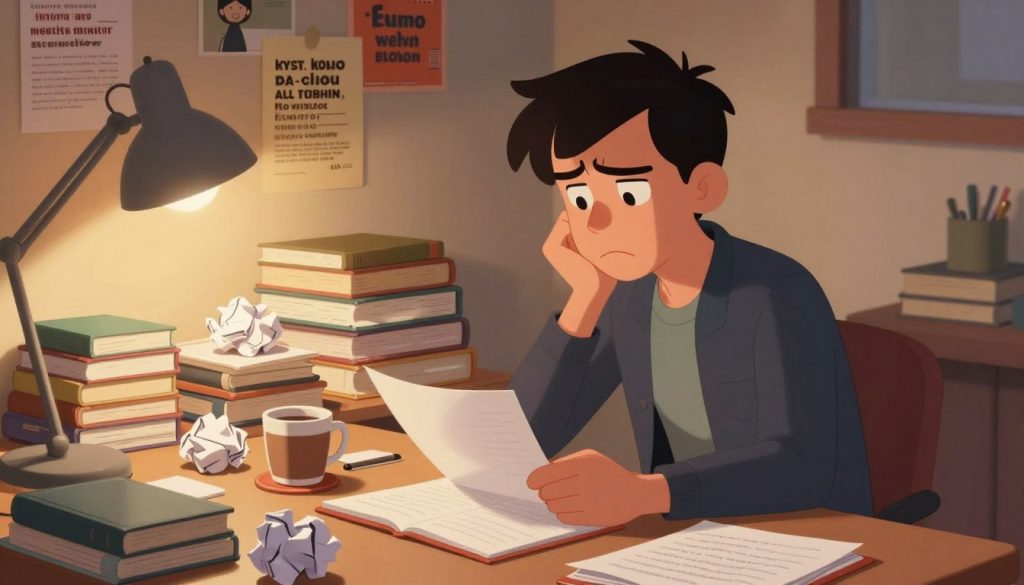 A contemplative writer sitting at a cluttered desk, surrounded by a chaotic array of crumpled paper, open notebooks, and a coffee cup, symbolizing the struggle of writer's block. The foreground features the writer, dressed in smart casual attire, with a furrowed brow and a hand on their chin, looking thoughtfully at a blank page. In the middle, stacks of books and motivational posters hint at inspiration trapped beneath the surface. The background shows a softly lit room with warm, inviting colors but shadows in the corners, suggesting obstacles and doubts. The scene is illuminated by a soft desk lamp creating an intimate atmosphere, highlighting the feeling of both frustration and the potential for creativity.