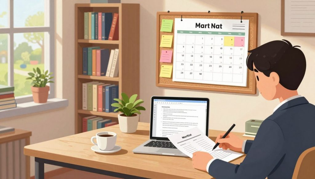 A cozy and inviting office space filled with natural light. In the foreground, a person in professional business attire sits at a wooden desk, thoughtfully reviewing a detailed memoir outline on paper. A laptop is open, displaying notes on publishing strategies, surrounded by a cup of coffee and a potted plant. The middle layer features a corkboard filled with colorful sticky notes and a calendar marked with important dates for marketing and publishing milestones. In the background, a bookshelf is lined with memoirs and books on writing, while a window shows a serene view of a garden. The atmosphere is calm and organized, emphasizing the early planning stages of publishing and marketing a memoir, with soft, warm lighting conveying a sense of encouragement and inspiration. A cozy and inviting office space filled with natural light. In the foreground, a person in professional business attire sits at a wooden desk, thoughtfully reviewing a detailed memoir outline on paper. A laptop is open, displaying notes on publishing strategies, surrounded by a cup of coffee and a potted plant. The middle layer features a corkboard filled with colorful sticky notes and a calendar marked with important dates for marketing and publishing milestones. In the background, a bookshelf is lined with memoirs and books on writing, while a window shows a serene view of a garden. The atmosphere is calm and organized, emphasizing the early planning stages of publishing and marketing a memoir, with soft, warm lighting conveying a sense of encouragement and inspiration.