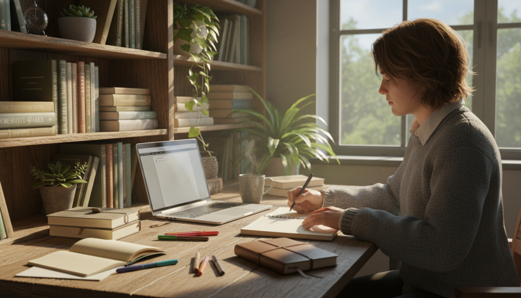 A cozy and inviting workspace, featuring a wooden desk cluttered with notebooks, colorful pens, and a laptop. In the foreground, a person, dressed in a casual yet professional outfit, is deep in thought with a pen poised above a blank notebook, symbolizing the process of choosing a first writing project. The middle layer shows a bookshelf filled with inspirational writing books and plants, adding a touch of warmth. In the background, a sunlit window lets in soft, natural light that illuminates the scene, creating an atmosphere of creativity and inspiration. The overall mood is encouraging and optimistic, reflecting the excitement of embarking on a new writing journey. A cozy and inviting workspace, featuring a wooden desk cluttered with notebooks, colorful pens, and a laptop. In the foreground, a person, dressed in a casual yet professional outfit, is deep in thought with a pen poised above a blank notebook, symbolizing the process of choosing a first writing project. The middle layer shows a bookshelf filled with inspirational writing books and plants, adding a touch of warmth. In the background, a sunlit window lets in soft, natural light that illuminates the scene, creating an atmosphere of creativity and inspiration. The overall mood is encouraging and optimistic, reflecting the excitement of embarking on a new writing journey.