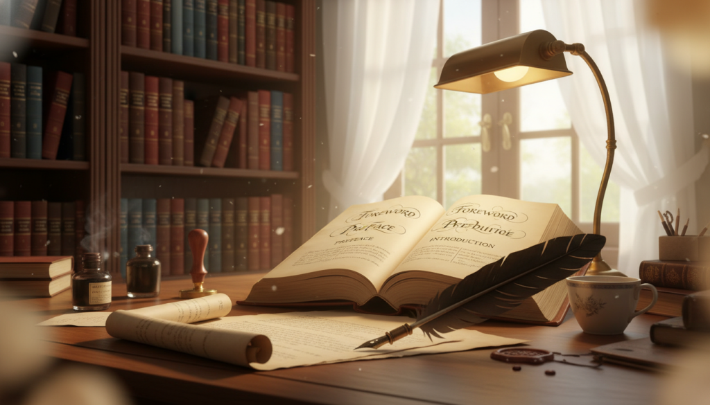A cozy and inviting writing desk, featuring an open book displaying the sections of a foreword, preface, and introduction, with elegant handwritten text visible on the pages. In the foreground, a quill pen rests on antique parchment, and a soft, warm light illuminates the scene. The middle ground showcases a neatly arranged bookshelf filled with classic literature, while a small desk lamp casts a gentle glow. The background hints at a sunlit window, with curtains softly blowing in the breeze, creating a serene atmosphere. The overall mood is inspiring and scholarly, evoking a sense of creativity and the art of writing. A soft bokeh effect adds depth to the image, enhancing the focus on the desk and book. A cozy and inviting writing desk, featuring an open book displaying the sections of a foreword, preface, and introduction, with elegant handwritten text visible on the pages. In the foreground, a quill pen rests on antique parchment, and a soft, warm light illuminates the scene. The middle ground showcases a neatly arranged bookshelf filled with classic literature, while a small desk lamp casts a gentle glow. The background hints at a sunlit window, with curtains softly blowing in the breeze, creating a serene atmosphere. The overall mood is inspiring and scholarly, evoking a sense of creativity and the art of writing. A soft bokeh effect adds depth to the image, enhancing the focus on the desk and book.