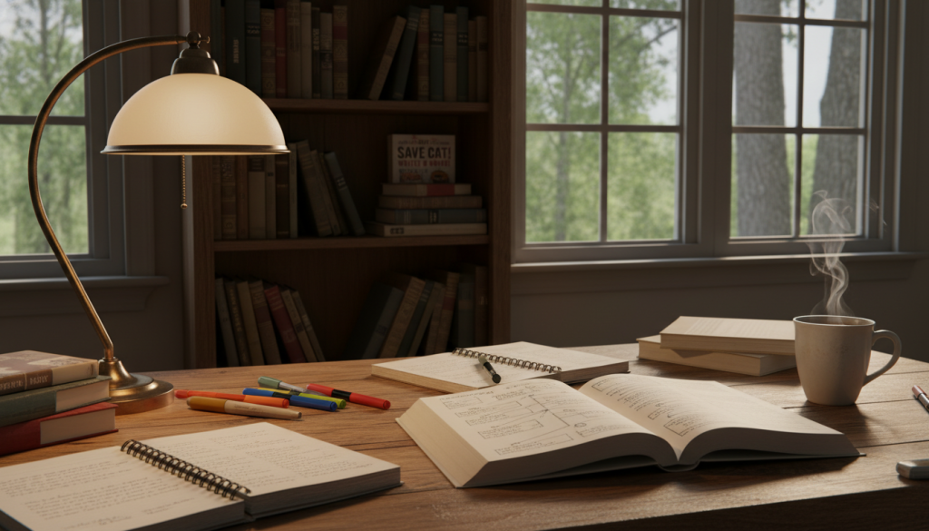 A cozy and inviting writing nook filled with inspiration for fiction writers. In the foreground, a wooden desk cluttered with open notebooks, colorful pens, and a steaming cup of coffee. On the desk, a large open book with visible outlines of a plot structure, showing rising action and conflict. In the middle, a warm, glowing lamp illuminates the scene, casting soft shadows. A bookshelf in the background is lined with classic novels and writing guides. Large windows reveal a serene outdoor view, with trees swaying gently in the breeze, enhancing a tranquil atmosphere. The overall mood is one of creativity and focus, evoking a sense of urgency to write that compelling plot.