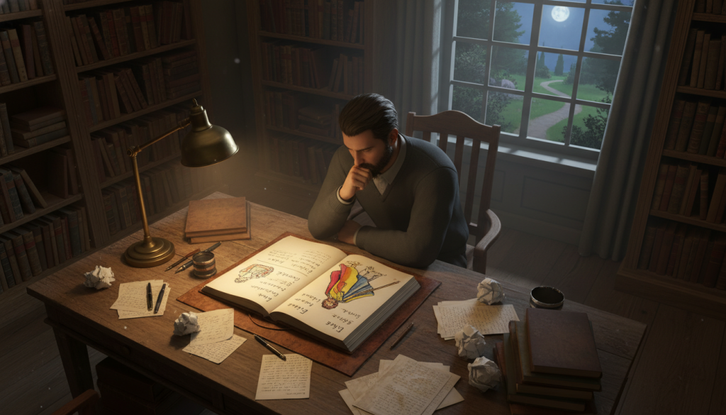 A cozy, dimly-lit writer's study serves as the backdrop, with a wooden desk strewn with papers, an open manuscript, and a softly glowing desk lamp casting warm light. In the foreground, a focused writer, dressed in smart casual attire, leans over the pages, deep in thought, captured from a slight overhead angle to evoke an intimate atmosphere. In the middle ground, the open manuscript features vibrant sketches and annotations, hinting at the protagonist's character traits and journey. The background showcases bookshelves filled with well-loved novels and a window revealing a tranquil outside scene, suggesting inspiration from the world beyond. The overall mood is reflective and creative, emphasizing the importance of crafting a memorable character introduction.