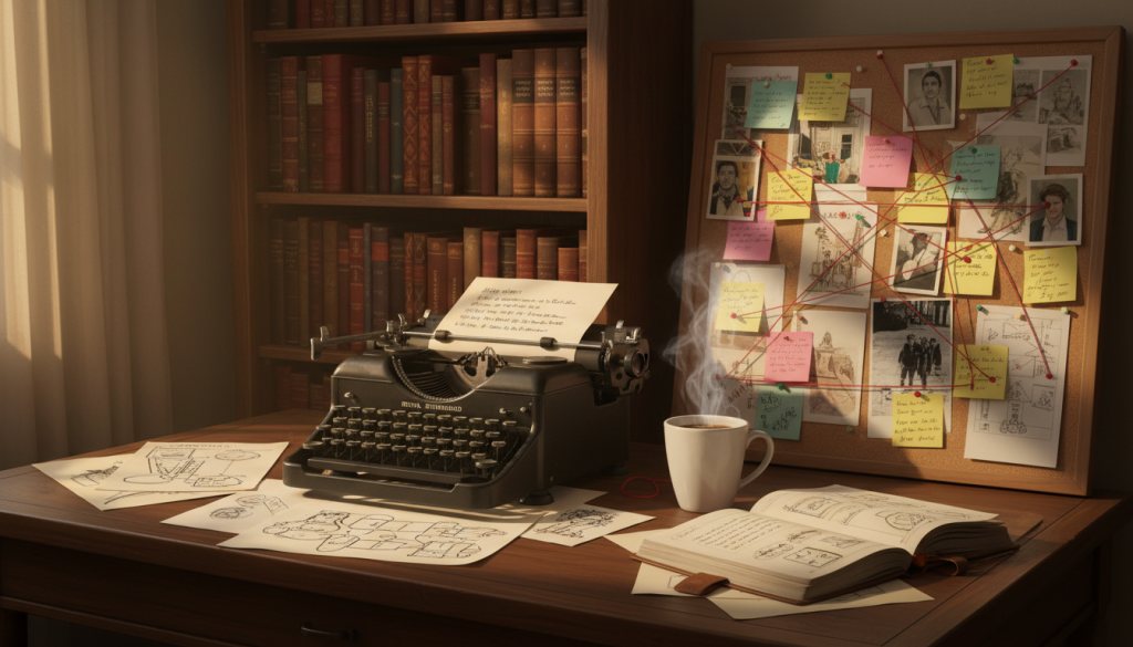 A cozy, dimly lit writing desk in a warm, inviting room, with a vintage typewriter and scattered sheets of paper outlining scene structures. In the foreground, a steaming cup of coffee sits next to a notebook filled with handwritten notes and sketches. The middle ground features a large corkboard filled with colorful sticky notes and images representing various scenes and character arcs. The background highlights a bookshelf filled with well-loved fiction books, soft shadows dancing across the spines. The atmosphere is creative and focused, with warm golden light filtering through a nearby window, casting gentle highlights. The lens captures a slightly angled view, inviting the viewer into this serene yet inspiring writing space.