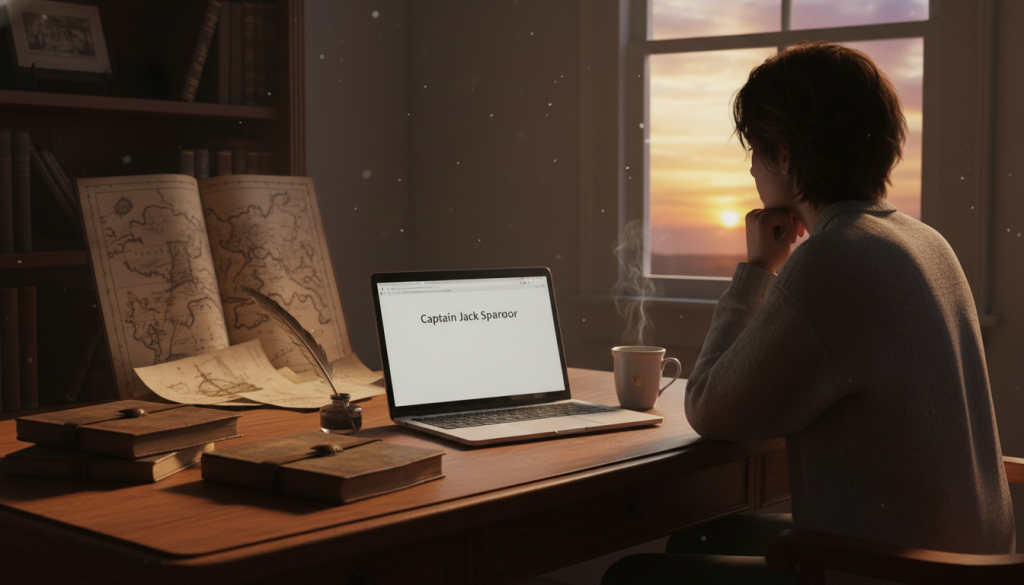 A cozy home office scene capturing the essence of creative beginnings in writing. In the foreground, a polished wooden desk cluttered with vintage notebooks, a quill, and an open laptop with a blank document titled "Captain Jack Sparrow." A steaming cup of tea sits nearby, with a faint trail of steam curling up. The middle ground features a leather-bound book on a shelf, partially open with pirate maps and sketches spilling out. In the background, a window reveals a vibrant sunset illuminating the room with warm, golden light. The atmosphere is inviting and inspirational, highlighting an artist immersed in their thoughts. The angle is slightly overhead, showcasing the writer’s workspace and creating an intimate feel.