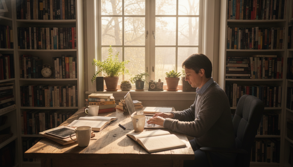 A cozy home office scene depicting a nonfiction author engaged in a daily writing routine. In the foreground, a focused individual, dressed in casual yet professional attire, sits at a wooden desk cluttered with notebooks, a laptop, and coffee mugs. The middle ground features an open window allowing natural light to flood in, and a few plants adding a refreshing touch. Shelves lined with books on writing strategies and research materials frame the walls, creating an inspiring atmosphere. In the background, a subtle clock shows early morning hours, suggesting the start of a productive day. The lighting is warm and inviting, casting soft shadows to enhance creativity. The overall mood is one of dedication, serenity, and the passion for writing. A cozy home office scene depicting a nonfiction author engaged in a daily writing routine. In the foreground, a focused individual, dressed in casual yet professional attire, sits at a wooden desk cluttered with notebooks, a laptop, and coffee mugs. The middle ground features an open window allowing natural light to flood in, and a few plants adding a refreshing touch. Shelves lined with books on writing strategies and research materials frame the walls, creating an inspiring atmosphere. In the background, a subtle clock shows early morning hours, suggesting the start of a productive day. The lighting is warm and inviting, casting soft shadows to enhance creativity. The overall mood is one of dedication, serenity, and the passion for writing.