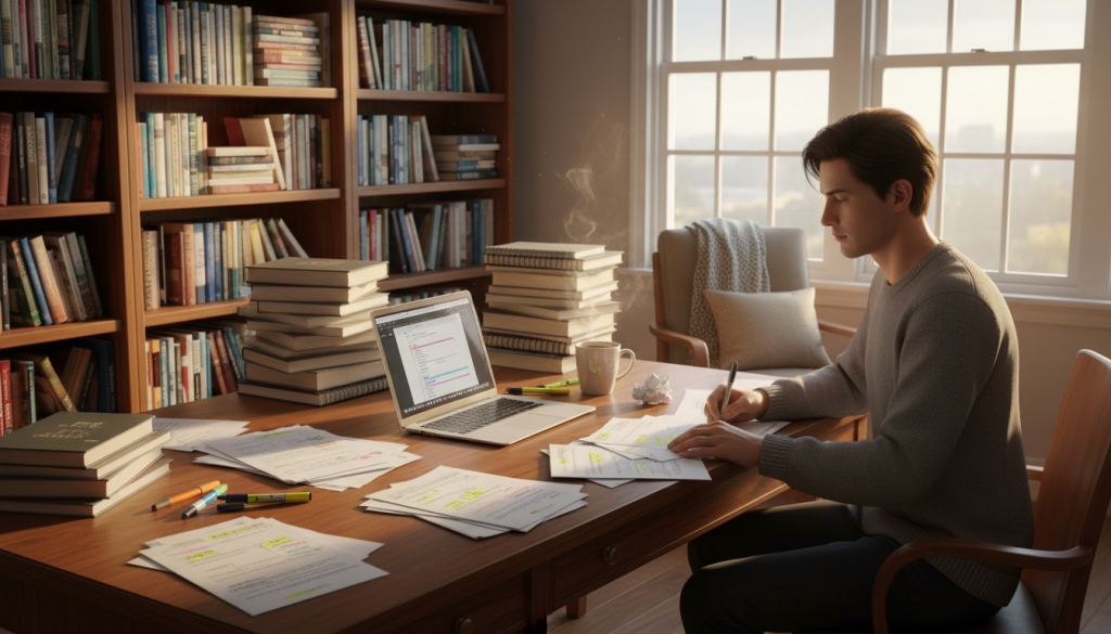 A cozy home office scene depicting a self-editing nonfiction manuscript process. In the foreground, a focused writer, dressed in smart casual attire, sits at a wooden desk cluttered with papers, highlighters, and a laptop open to a document. The writer is engaged in reviewing printed pages with notes and corrections marked in bright colors. In the middle ground, stacks of books and resource materials are visible, along with a cup of coffee steaming softly. The background features a bookshelf filled with nonfiction titles and a window allowing warm, natural light to fill the room. The atmosphere is productive and reflective, showcasing a serene yet determined ambiance, ideal for deep concentration and creativity.