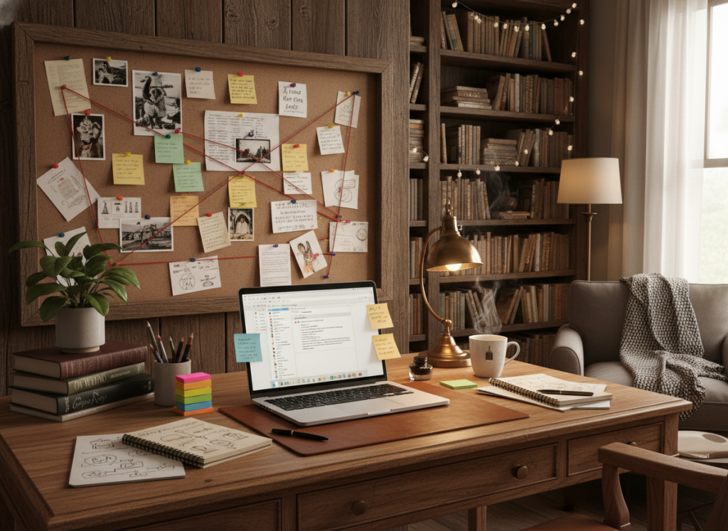 A cozy home office scene, designed for authors organizing their manuscript. In the foreground, a well-organized wooden desk holds an open laptop displaying a digital writing app, surrounded by notebooks filled with handwritten outlines and a set of colorful sticky notes. The middle ground features a large corkboard pinned with notes and ideas, with a few literary-themed books stacked beside it. In the background, a bookshelf filled with classic novels and writing guides complements the warm wooden tones of the room. Soft, ambient lighting illuminates the scene, casting gentle shadows and creating a focused atmosphere. The overall mood is inspiring and productive, emphasizing creativity and organization in the writing process.