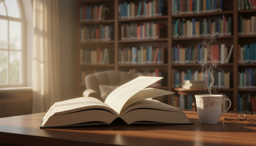 A cozy, inviting library setting, with rows of shelves filled with colorful books in the background. In the foreground, an open book lies on a wooden table, its pages fluttering slightly as if stirred by a gentle breeze. A warm, soft light filters in through a nearby window, creating a golden glow that highlights the text on the pages. The atmosphere is tranquil and inspiring, evoking the feeling of being immersed in a good story. A steaming cup of coffee rests beside the book, completing the scene. The composition should focus on capturing the essence of engagement and curiosity, with a slight depth of field to blur the background and keep attention on the book and the inviting ambiance. A cozy, inviting library setting, with rows of shelves filled with colorful books in the background. In the foreground, an open book lies on a wooden table, its pages fluttering slightly as if stirred by a gentle breeze. A warm, soft light filters in through a nearby window, creating a golden glow that highlights the text on the pages. The atmosphere is tranquil and inspiring, evoking the feeling of being immersed in a good story. A steaming cup of coffee rests beside the book, completing the scene. The composition should focus on capturing the essence of engagement and curiosity, with a slight depth of field to blur the background and keep attention on the book and the inviting ambiance.