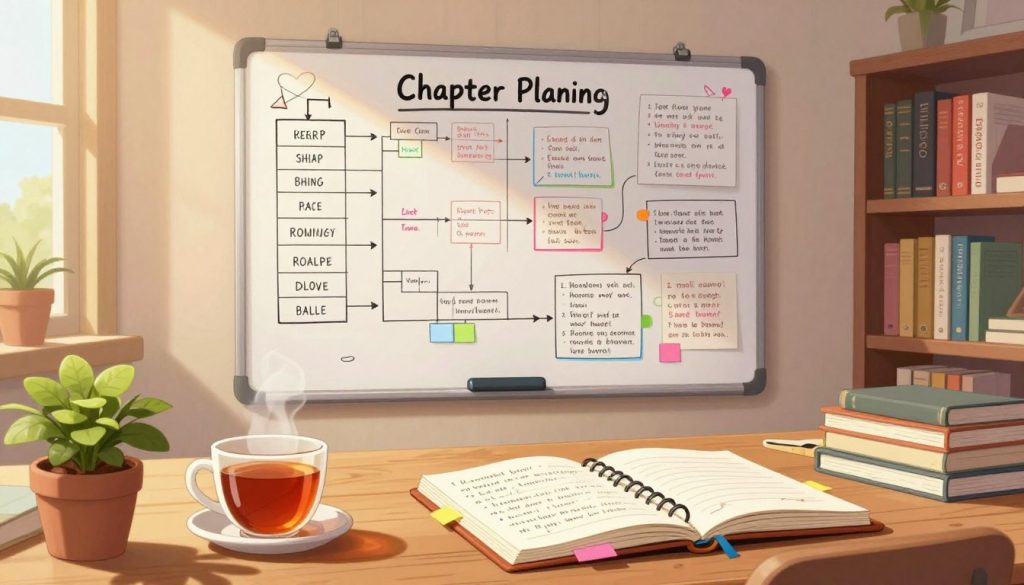 A cozy, inviting workspace designed for chapter planning in a romance novel, featuring a wooden desk cluttered with open notebooks filled with handwritten notes and colorful sticky tabs. In the foreground, a steaming cup of tea sits beside a small potted plant, creating a warm atmosphere. The middle ground showcases a large, detailed whiteboard covered in outlines and pacing charts, with romantic scenes sketched in colored markers. The background depicts a softly lit room with a library shelf filled with romance novels, enhancing the literary vibe. Natural light filters through a nearby window, casting gentle shadows and creating an inspiring mood that encourages creativity and focus. The setting is calm yet energized, inviting writers to delve into their craft.