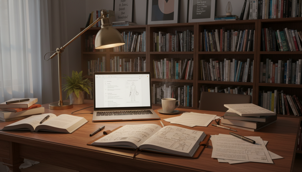 A cozy, inviting workspace featuring a wooden desk strewn with papers and books, illustrating the book outlining process. In the foreground, an open notebook filled with handwritten notes and sketches highlights key points and chapter ideas. A laptop emits a soft glow, displaying an outline on the screen. In the middle ground, a potted plant adds a touch of greenery, while a stylish desk lamp casts warm light over the scene. The background showcases a bookshelf filled with various book genres, adding depth. The overall atmosphere is focused and creative, evoking a sense of inspiration and organization, perfect for aspiring writers. Soft, diffused lighting creates a calm mood, inviting viewers to explore the process of crafting a book outline. A cozy, inviting workspace featuring a wooden desk strewn with papers and books, illustrating the book outlining process. In the foreground, an open notebook filled with handwritten notes and sketches highlights key points and chapter ideas. A laptop emits a soft glow, displaying an outline on the screen. In the middle ground, a potted plant adds a touch of greenery, while a stylish desk lamp casts warm light over the scene. The background showcases a bookshelf filled with various book genres, adding depth. The overall atmosphere is focused and creative, evoking a sense of inspiration and organization, perfect for aspiring writers. Soft, diffused lighting creates a calm mood, inviting viewers to explore the process of crafting a book outline.