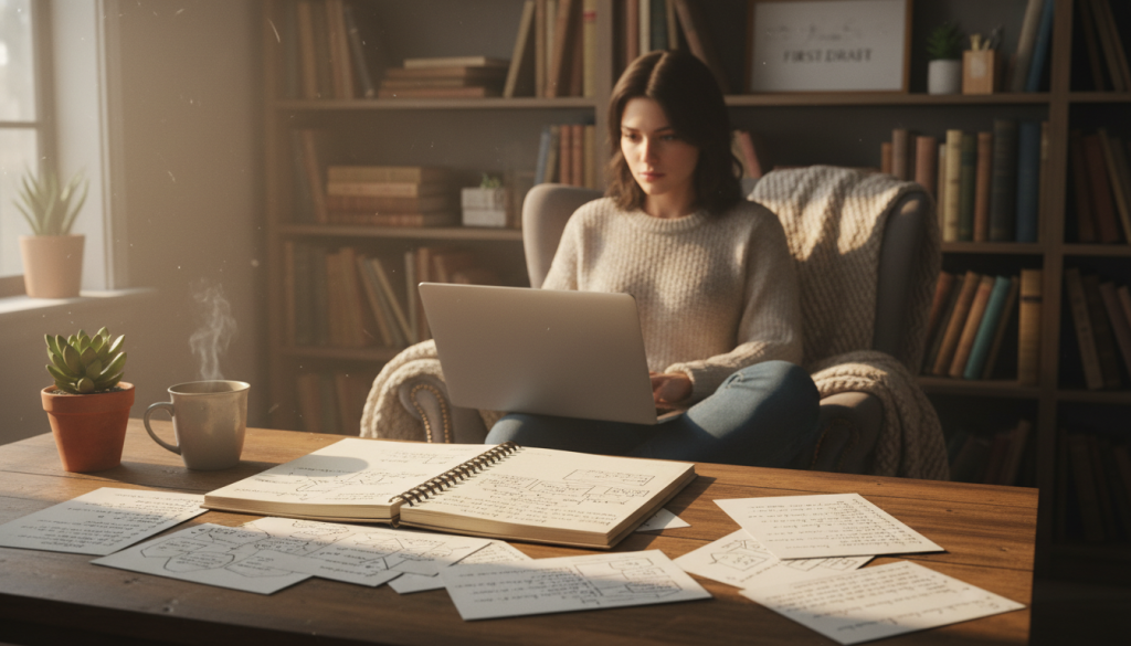 A cozy, inviting workspace in soft, natural lighting, filled with creativity. In the foreground, a wooden desk adorned with an open notebook filled with handwritten notes, a steaming cup of tea, and a small plant for a touch of life. In the middle, a writer sits comfortably in a modest casual outfit, deeply focused and typing on a laptop, surrounded by pages scattered with ideas and draft outlines. In the background, a cozy bookshelf filled with classic novels and writing guides, softly blurred to maintain focus on the writer. The atmosphere is warm and encouraging, evoking a sense of determination and inspiration for new writers navigating their first draft.
