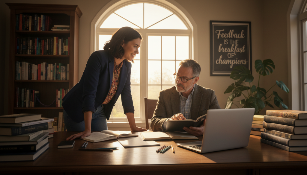 A cozy, inviting workspace with a wooden desk cluttered with notebooks, pens, and a laptop. In the foreground, a smiling writer in smart casual attire is engaged in a discussion with a mentor figure, who is thoughtfully reviewing a manuscript. Both are surrounded by stacks of books on storytelling and feedback. In the middle ground, a large window casts warm, natural light into the room, accentuating the creative atmosphere. The background features a bookshelf filled with acclaimed novels, a plant, and an inspiring quote about feedback on the wall. The scene conveys a collaborative and positive mood, ideal for fostering valuable feedback among fiction authors. The composition captures a dynamic angle, emphasizing interaction and connection. A cozy, inviting workspace with a wooden desk cluttered with notebooks, pens, and a laptop. In the foreground, a smiling writer in smart casual attire is engaged in a discussion with a mentor figure, who is thoughtfully reviewing a manuscript. Both are surrounded by stacks of books on storytelling and feedback. In the middle ground, a large window casts warm, natural light into the room, accentuating the creative atmosphere. The background features a bookshelf filled with acclaimed novels, a plant, and an inspiring quote about feedback on the wall. The scene conveys a collaborative and positive mood, ideal for fostering valuable feedback among fiction authors. The composition captures a dynamic angle, emphasizing interaction and connection.