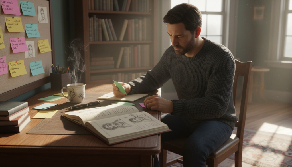 A cozy, inviting writing desk is the focal point in the foreground, featuring an open notebook filled with handwritten notes and character sketches. A steaming cup of coffee sits nearby, alongside an antique fountain pen. In the middle ground, a thoughtful author, dressed in smart casual attire, is seen deep in concentration, analyzing character traits written on colorful index cards scattered around. The background reveals a well-organized bookshelf brimming with classic literature and a window that lets in warm, diffused sunlight, casting soft shadows across the room. The atmosphere is serene and inspiring, encapsulating the creative process of character development for novel writing, inviting viewers into a world of imagination and storytelling. Soft focus lens effect enhances the inviting mood.