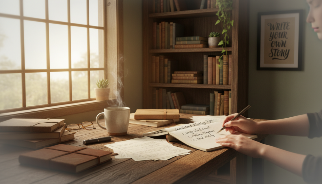 A cozy, inviting writing space filled with warm, natural light streaming through a large window. In the foreground, a wooden table cluttered with notebooks, a pen, and a steaming cup of coffee symbolizes creativity and focus. In the middle, an open notebook shows handwritten notes and tips, with a gentle hand poised to write. The background features a bookshelf lined with various classic novels, plants adding a touch of greenery, and a motivational poster on the wall. The atmosphere is calm and inspiring, encouraging consistent writing progress. The scene is captured with a soft focus lens, highlighting the warmth of the space and the promise of creativity. A cozy, inviting writing space filled with warm, natural light streaming through a large window. In the foreground, a wooden table cluttered with notebooks, a pen, and a steaming cup of coffee symbolizes creativity and focus. In the middle, an open notebook shows handwritten notes and tips, with a gentle hand poised to write. The background features a bookshelf lined with various classic novels, plants adding a touch of greenery, and a motivational poster on the wall. The atmosphere is calm and inspiring, encouraging consistent writing progress. The scene is captured with a soft focus lens, highlighting the warmth of the space and the promise of creativity.