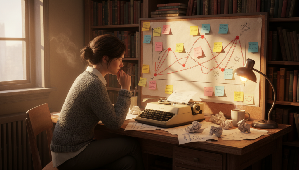 A cozy, inviting writing space with a vintage typewriter at the forefront, where a focused writer, dressed in smart casual attire, is deep in thought, surrounded by scattered pages filled with notes on tension-building techniques. In the middle ground, a large corkboard displays visual cues, such as a timeline with post-it notes connected by red string, symbolizing the rise and fall of tension in storytelling. The background features warm lighting filtering through a window, illuminating bookshelves filled with classic novels and writing guides. The overall atmosphere is one of creativity and concentration, capturing the essence of developing a gripping narrative. The soft glow of a desk lamp enhances the mood, creating a sense of urgency and inspiration. A cozy, inviting writing space with a vintage typewriter at the forefront, where a focused writer, dressed in smart casual attire, is deep in thought, surrounded by scattered pages filled with notes on tension-building techniques. In the middle ground, a large corkboard displays visual cues, such as a timeline with post-it notes connected by red string, symbolizing the rise and fall of tension in storytelling. The background features warm lighting filtering through a window, illuminating bookshelves filled with classic novels and writing guides. The overall atmosphere is one of creativity and concentration, capturing the essence of developing a gripping narrative. The soft glow of a desk lamp enhances the mood, creating a sense of urgency and inspiration.