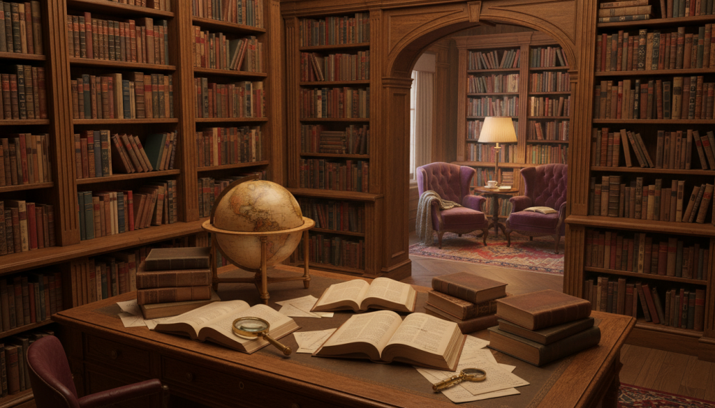 A cozy library setting filled with shelves overflowing with books on documentary prose and historical writing. In the foreground, a wooden desk cluttered with opened books and a vintage globe, reflecting the richness of real stories. The middle ground features soft, warm lighting illuminating the spines of books with ornate covers. The background showcases an inviting reading nook with plush armchairs and a floor lamp casting a gentle glow, creating a tranquil atmosphere ideal for exploration and learning. The scene is captured from a slightly elevated angle, emphasizing the textures of the books and furniture. The mood is intellectual and inspiring, evoking a love for nonfiction and storytelling. A cozy library setting filled with shelves overflowing with books on documentary prose and historical writing. In the foreground, a wooden desk cluttered with opened books and a vintage globe, reflecting the richness of real stories. The middle ground features soft, warm lighting illuminating the spines of books with ornate covers. The background showcases an inviting reading nook with plush armchairs and a floor lamp casting a gentle glow, creating a tranquil atmosphere ideal for exploration and learning. The scene is captured from a slightly elevated angle, emphasizing the textures of the books and furniture. The mood is intellectual and inspiring, evoking a love for nonfiction and storytelling.