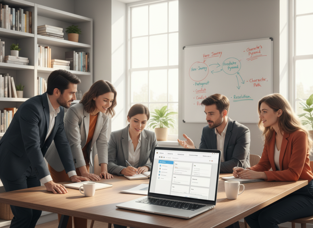 A cozy, modern workspace featuring a sleek laptop open to a writing app interface that caters to authors of various experience levels. In the foreground, a diverse group of four writers, dressed in professional business attire, are gathered around a table, engaged in discussion. Their expressions show focus and creativity as they brainstorm ideas. In the middle, a wall-mounted whiteboard displays story frameworks and character arcs. The background reveals a large window with natural light streaming in, illuminating bookshelves filled with writing guides and novels. The mood is collaborative and inspirational, with warm tones and soft shadows enhancing the atmosphere of creativity and productive energy. The scene is depicted from a slight angle, capturing the dynamic interaction among the authors while emphasizing the inviting space designed for writing and ideation.