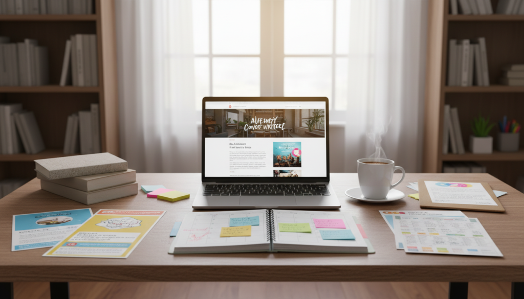 A cozy, modern workspace filled with elements representing book marketing strategies for new authors. In the foreground, a wooden desk cluttered with colorful marketing materials; flyers, social media posts, and a laptop displaying an engaging book website. In the middle, an open planner with handwritten notes and colorful sticky notes highlighting key marketing tactics, alongside a steaming cup of coffee. The background features a bookshelf filled with well-organized books and a window letting in warm, natural light, creating an inviting atmosphere. The lighting is soft and warm, emphasizing creativity and focus. The scene is inviting, professional yet slightly casual, perfect for inspiring new authors on their marketing journey. The overall mood is energetic yet serene, encouraging productivity and creativity. A cozy, modern workspace filled with elements representing book marketing strategies for new authors. In the foreground, a wooden desk cluttered with colorful marketing materials; flyers, social media posts, and a laptop displaying an engaging book website. In the middle, an open planner with handwritten notes and colorful sticky notes highlighting key marketing tactics, alongside a steaming cup of coffee. The background features a bookshelf filled with well-organized books and a window letting in warm, natural light, creating an inviting atmosphere. The lighting is soft and warm, emphasizing creativity and focus. The scene is inviting, professional yet slightly casual, perfect for inspiring new authors on their marketing journey. The overall mood is energetic yet serene, encouraging productivity and creativity.