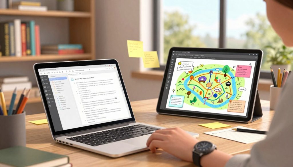 A cozy modern workspace where technology meets creativity in writing. In the foreground, a sleek laptop is open, displaying an innovative writing software interface, with notes and ideas flowing across the screen. A hand, wearing a stylish watch, is poised on the keyboard, symbolizing engagement with the tools. In the middle ground, a large tablet showcases an illustration of a vibrant story map, while colorful notes and sketches are scattered around, reflecting brainstorming and creativity. The background features a bookshelf filled with classic novels and art supplies, under warm, ambient lighting that creates an inviting atmosphere. A large window reveals a serene outdoor view, allowing natural light to filter in, enhancing the mood of inspiration and productivity. The scene evokes a sense of modernity, creativity, and the seamless blend of technology in the writing process.