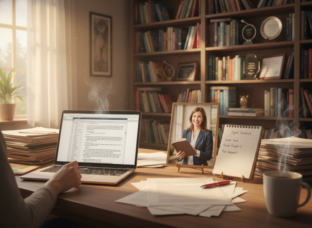 A cozy office environment depicting the "full manuscript request process" for authors. In the foreground, a desk cluttered with a laptop, scattered manuscript papers, and a steaming cup of coffee, suggesting a writer deep in thought. In the middle ground, a framed photo of an agent confidently reviewing a manuscript, along with a notepad filled with notes, highlighting the professional interaction. The background features a bookshelf filled with books and literary awards, enhancing the scholarly atmosphere. Soft, warm lighting filters through a window, casting gentle shadows and creating an inviting mood. Use a standard lens perspective to capture depth, ensuring a focused yet inviting feel. This image should convey dedication, professionalism, and the hopeful energy of manuscript requests. A cozy office environment depicting the "full manuscript request process" for authors. In the foreground, a desk cluttered with a laptop, scattered manuscript papers, and a steaming cup of coffee, suggesting a writer deep in thought. In the middle ground, a framed photo of an agent confidently reviewing a manuscript, along with a notepad filled with notes, highlighting the professional interaction. The background features a bookshelf filled with books and literary awards, enhancing the scholarly atmosphere. Soft, warm lighting filters through a window, casting gentle shadows and creating an inviting mood. Use a standard lens perspective to capture depth, ensuring a focused yet inviting feel. This image should convey dedication, professionalism, and the hopeful energy of manuscript requests.