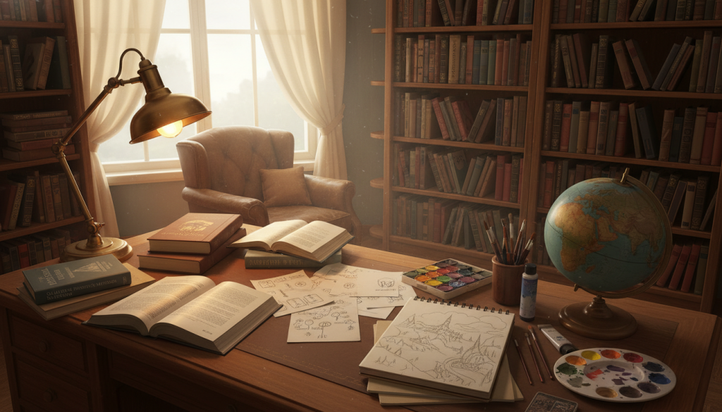 A cozy study filled with books on research methods and world-building. In the foreground, a wooden desk scattered with open books and notes, illuminated by warm, soft lighting from a vintage desk lamp. A globe and art supplies, including sketch pads and watercolors, are nearby, suggesting creative exploration. In the middle, a shelf overflowing with various genre-specific books, providing a sense of abundance and knowledge. The background features a window with curtains softly drawn, allowing natural light to filter through, creating a serene atmosphere. The mood should evoke inspiration and concentration, with rich, earthy tones enhancing the inviting space. The camera angle is slightly overhead, capturing both the desk and the shelves to emphasize the fusion of research and imagination.