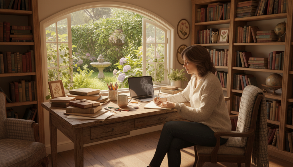 A cozy, sunlit writing nook filled with creative energy. In the foreground, a focused writer, a middle-aged woman in simple yet stylish attire, sits at an old wooden desk cluttered with notebooks, pens, and a laptop, capturing ideas on paper. A steaming cup of coffee rests beside her, hinting at the long hours spent crafting her first draft. In the middle, an open window reveals a lush garden outside, inviting inspiration with soft, dappled sunlight filtering through plants. The background features bookshelves crammed with novels and whimsical decorations, enhancing the creative atmosphere. The overall mood is warm and contemplative, portraying the intimate and sometimes chaotic process of writing. Natural lighting illuminates the scene, evoking a sense of focus and creativity, captured from a slightly elevated angle to include all elements harmoniously.