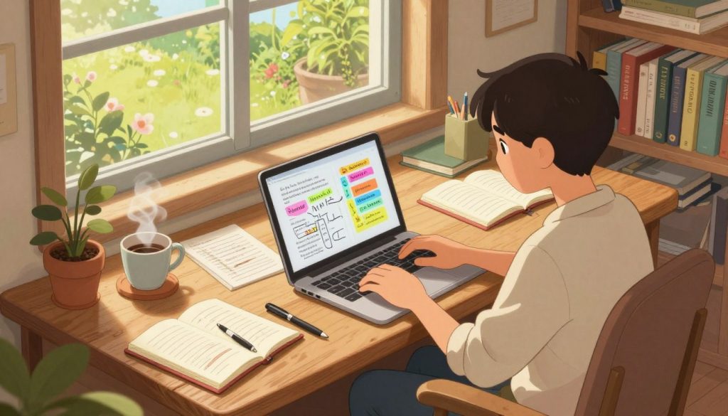 A cozy, sunlit writing nook with a wooden desk scattered with notebooks, pens, and a steaming cup of coffee. In the foreground, a focused writer, dressed in modest casual attire, sits in a comfortable chair, typing on a laptop with an expression of inspiration. The middle ground features an unfinished manuscript with handwritten notes, showcasing the chaotic yet vibrant nature of the pantser approach. In the background, a window reveals a lush garden outside, symbolizing openness to creativity. Soft, warm lighting creates a relaxed atmosphere, while scattered pages and a small bookshelf filled with various writing guides emphasize the energetic, free-flowing writing style. The angle is slightly elevated, capturing both the writer's concentration and the inviting environment.