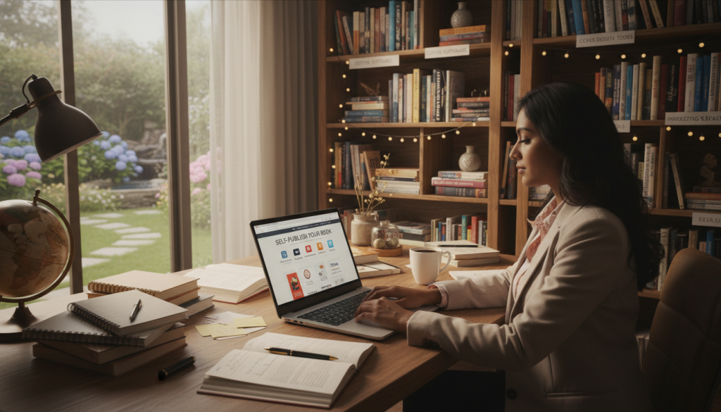 A cozy, warmly lit home office scene showcasing a first-time author exploring self-publishing options. In the foreground, a diverse individual in professional attire, focused on a sleek laptop, surrounded by stacks of books, notes, and a cup of coffee. In the middle, an open bookshelf displaying various genres of self-published books, illustrating different publishing tools and platforms. The background features a large window letting in soft sunlight, with a view of a tranquil garden, creating an inspiring atmosphere. The mood is encouraging and hopeful, emphasizing creativity and the journey of becoming a published author. Use a wide-angle lens to capture depth and detail, highlighting the organized chaos of the writer's space.