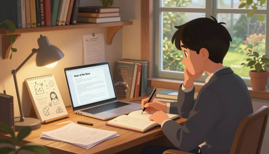 A cozy, warmly lit writing nook filled with books and papers. In the foreground, a thoughtful author, dressed in professional attire, sits at a cluttered wooden desk, holding a pen poised over an open notebook. A glowing lamp illuminates the pages, casting soft shadows. In the middle ground, a notebook displays scribbled ideas and sketches of characters, while an open laptop shows a blank document titled “Heart of the Story.” In the background, a wall shelf holds various books on storytelling and writing craft. A large window reveals a tranquil garden outside, symbolizing inspiration. The overall atmosphere is one of focus, creativity, and the journey of discovering a narrative’s essence, evoking a sense of warmth and contemplation.