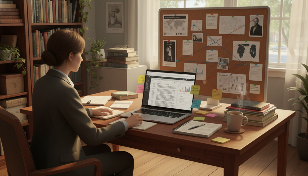 A cozy, well-lit home office setting filled with books and research materials. In the foreground, a focused individual in professional business attire is seated at a wooden desk, surrounded by open notebooks, printed research papers, and colorful sticky notes. A laptop displays graphs and data visualizations, showcasing the writing process. In the middle ground, a bulletin board is pinned with organized index cards and images relevant to nonfiction topics, while a steaming cup of coffee sits nearby. The background features a cozy bookshelf filled with various nonfiction books, plants adding a touch of greenery, and a window allowing soft, natural light to filter in. The atmosphere conveys productivity and inspiration, highlighting the importance of research and data in crafting a bestselling nonfiction book. A cozy, well-lit home office setting filled with books and research materials. In the foreground, a focused individual in professional business attire is seated at a wooden desk, surrounded by open notebooks, printed research papers, and colorful sticky notes. A laptop displays graphs and data visualizations, showcasing the writing process. In the middle ground, a bulletin board is pinned with organized index cards and images relevant to nonfiction topics, while a steaming cup of coffee sits nearby. The background features a cozy bookshelf filled with various nonfiction books, plants adding a touch of greenery, and a window allowing soft, natural light to filter in. The atmosphere conveys productivity and inspiration, highlighting the importance of research and data in crafting a bestselling nonfiction book.