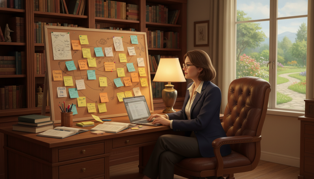 A cozy, well-lit home office where an author is brainstorming book ideas. In the foreground, a wooden desk scattered with notebooks, colorful sticky notes, and ink pens. The author, a middle-aged woman in professional business attire, sits thoughtfully, fingers poised over a laptop. In the middle ground, a large corkboard filled with post-it notes and mind maps, depicting various book concepts and character sketches. The background features bookshelves filled with various genres, a warm lamp casting soft light, and a window showing a peaceful garden outside. The atmosphere is inspiring and intellectual, inviting creativity and focus. The scene should convey a sense of productive brainstorming, with rich, warm colors enhancing the cozy environment. A cozy, well-lit home office where an author is brainstorming book ideas. In the foreground, a wooden desk scattered with notebooks, colorful sticky notes, and ink pens. The author, a middle-aged woman in professional business attire, sits thoughtfully, fingers poised over a laptop. In the middle ground, a large corkboard filled with post-it notes and mind maps, depicting various book concepts and character sketches. The background features bookshelves filled with various genres, a warm lamp casting soft light, and a window showing a peaceful garden outside. The atmosphere is inspiring and intellectual, inviting creativity and focus. The scene should convey a sense of productive brainstorming, with rich, warm colors enhancing the cozy environment.