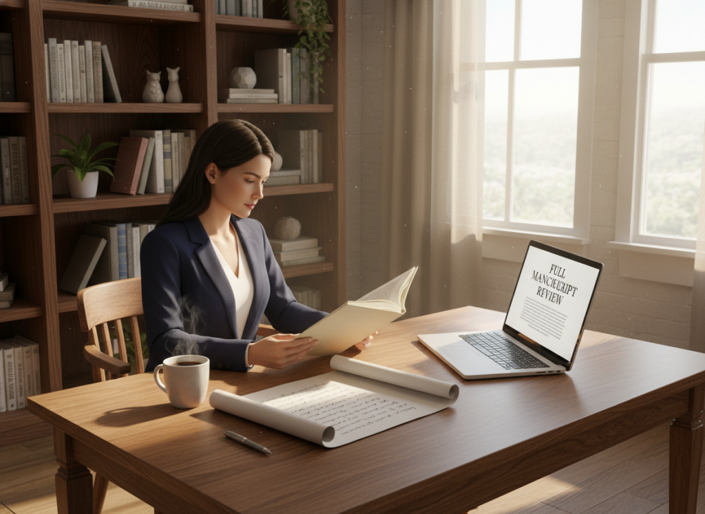 A cozy, well-lit office setting featuring a professional woman in business attire seated at a wooden desk, focused on reading a manuscript. In the foreground, an elegant white paper with handwritten notes lies open next to a steaming cup of coffee. The middle ground showcases bookshelves filled with a variety of literary works and a laptop with a document on the screen displaying the title "Full Manuscript Review". In the background, sunlight filters through large windows, casting soft shadows, enhancing the atmosphere of concentration and professionalism. The overall mood is one of anticipation and diligence, reflecting the important moment of reviewing a manuscript request. The angle is slightly above eye level, capturing the depth of the setting while ensuring the subject remains the focal point. A cozy, well-lit office setting featuring a professional woman in business attire seated at a wooden desk, focused on reading a manuscript. In the foreground, an elegant white paper with handwritten notes lies open next to a steaming cup of coffee. The middle ground showcases bookshelves filled with a variety of literary works and a laptop with a document on the screen displaying the title "Full Manuscript Review". In the background, sunlight filters through large windows, casting soft shadows, enhancing the atmosphere of concentration and professionalism. The overall mood is one of anticipation and diligence, reflecting the important moment of reviewing a manuscript request. The angle is slightly above eye level, capturing the depth of the setting while ensuring the subject remains the focal point.